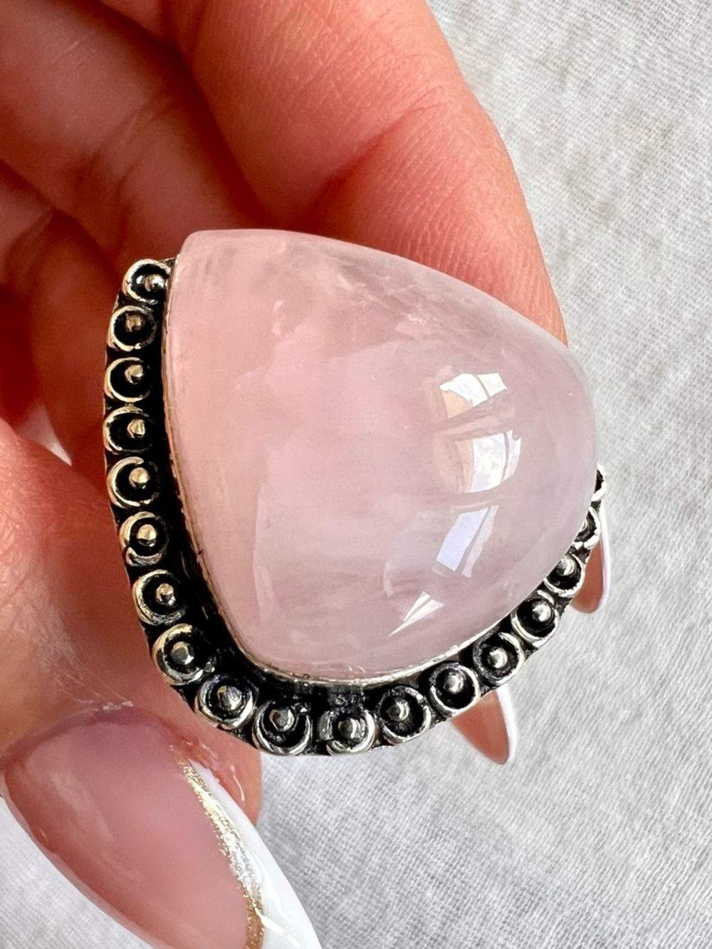 925 Chunky ROSE QUARTZ Teardrop Ring 7.25